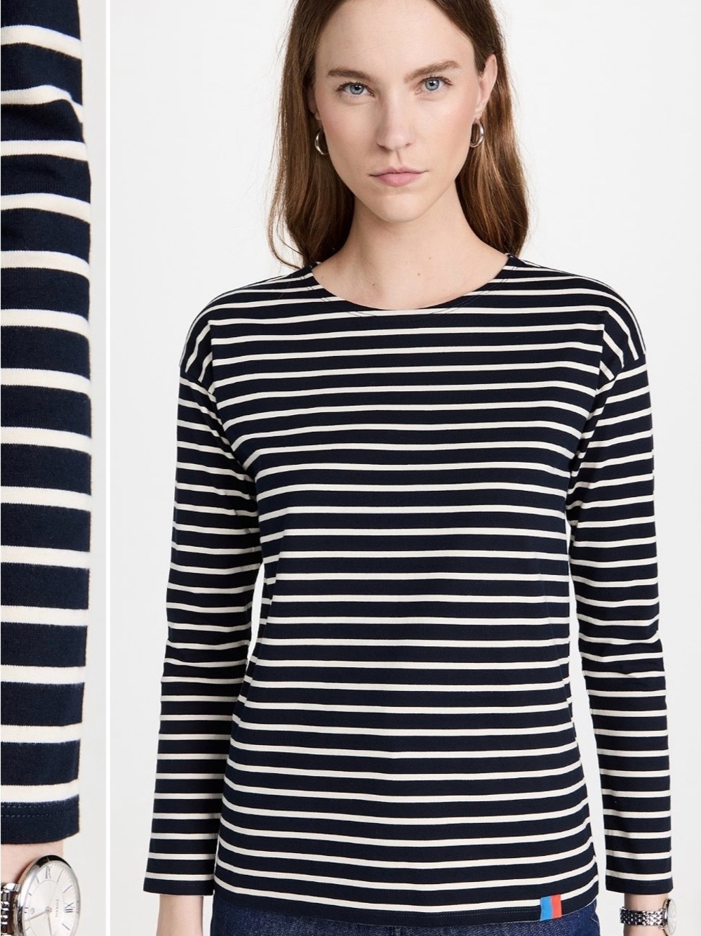 KULE The Boyfriend Tee Navy Cream Striped Long Sleeve 100% Cotton Size Medium